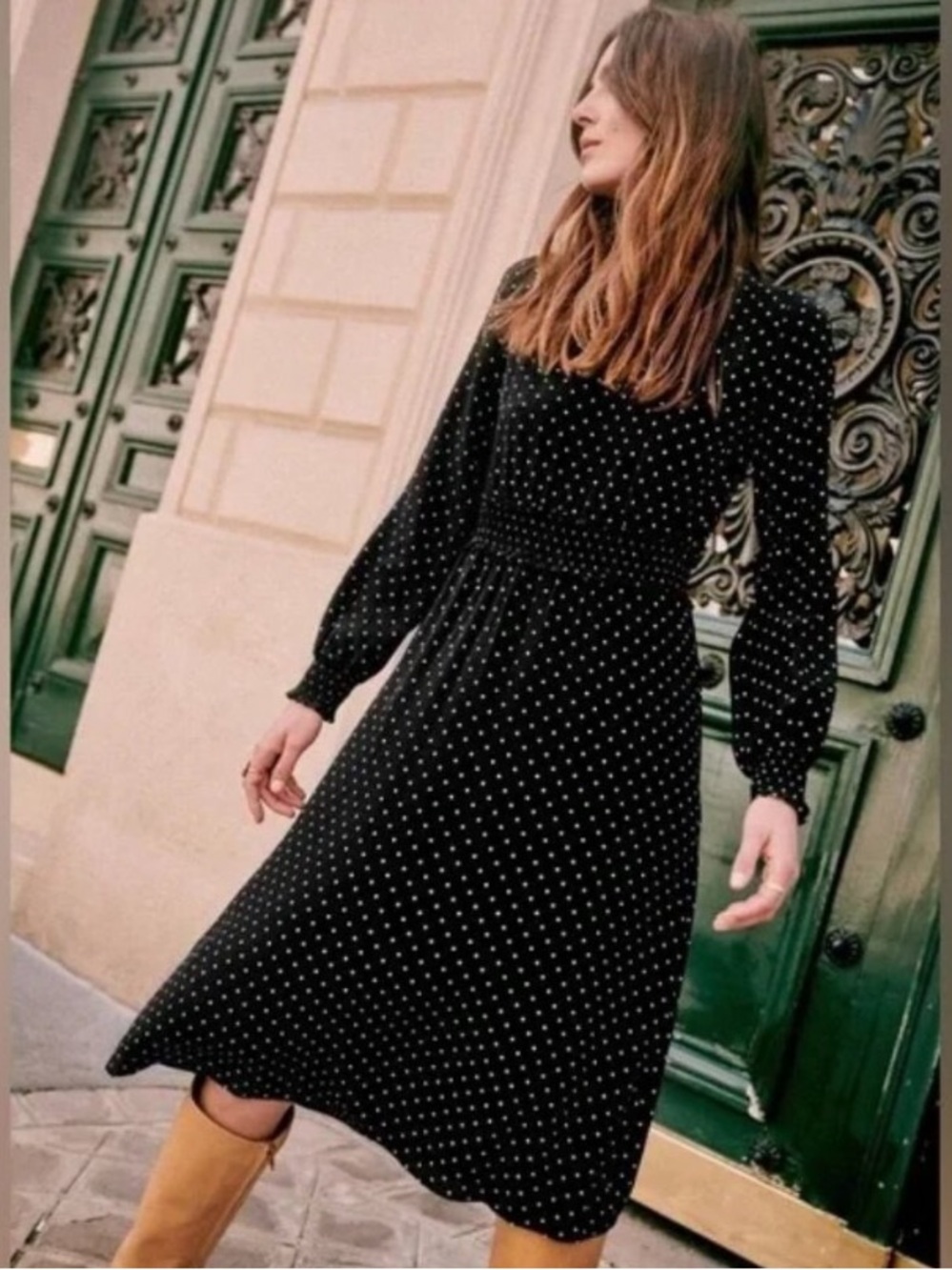 Sezane Louisa Silk Midi Dress Black White Polka Dot Shirred Waist FR 38 US 6